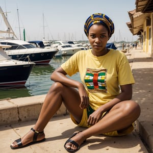 (masterpiece), 25 years old, (((African woman))), in a marina, 1 girl, short hair, bangs, looking at viewer, loose yellow t-shirt, sitting