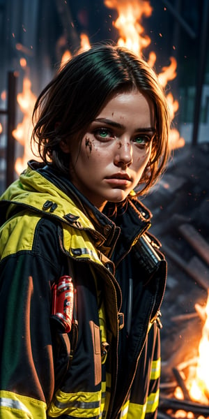 Beautiful face of American female firefighter, short black hair, green eyes, near a fire, smoke-stained face, tired face