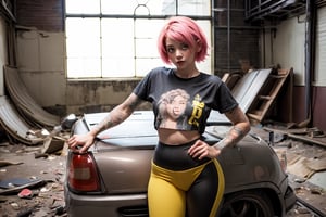 1 girl, full body, curvy body, dull black and yellow leggings, printed cropped t-shirt, urban style, perfect face, perfect eyes, short pink hair, tattoos, mix of fantasy and realism, inside an abandoned oil plant , ultra high resolution, 8k, HDR