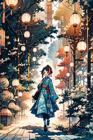 style of Halil Ural, style of Tadahiro Uesugi,A series of films, six frames, 1girl, smile, latern in hand, Chinese dress, walking toward viewers, Chinese-style background, red laterns, by Hayao Miyazaki, studio Ghibli, scenery, Illustration, Character Design, Watercolor, Ink, thematic background, japan, ambient enviroment, epic, candystyle