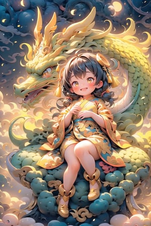 (masterpiece), 1girl, red chinese dress, golden dragon, blush, open mouth, smile