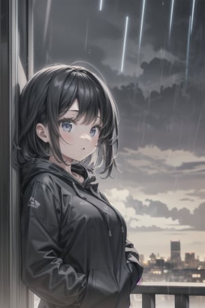 1girl, black_hair, black hoodie, typhoon, cloudy, heavy rain, cityscape, masterpiece, beautiful details, perfect focus, 8K wallpaper, high resolution, exquisite texture in every detail