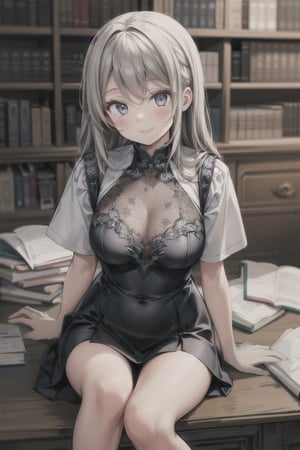 1girl, smile, bookshelf in background, masterpiece, beautiful details, perfect focus, 8K wallpaper, high resolution, exquisite texture in every detail