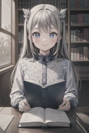 1girl, smile, books on desktop, bookshelf in background, masterpiece, beautiful details, perfect focus, 8K wallpaper, high resolution, exquisite texture in every detail