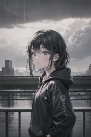 1girl, black_hair, black hoodie, typhoon, cloudy, heavy rain, cityscape, masterpiece, beautiful details, perfect focus, 8K wallpaper, high resolution, exquisite texture in every detail