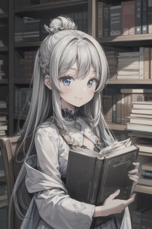 1girl, smile, books on desktop, bookshelf in background, masterpiece, beautiful details, perfect focus, 8K wallpaper, high resolution, exquisite texture in every detail