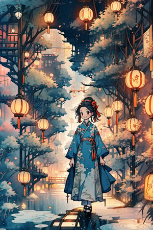 1girl, smile, Chinese dress, walking toward viewers, Chinese-style background, red lanterns, by Hayao Miyazaki, studio Ghibli, scenery, Illustration, Character Design, Watercolor, Ink, thematic background, japan, ambient enviroment, epic, candystyle