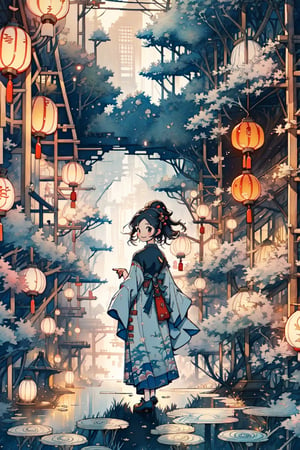 1girl, smile, Chinese dress, walking toward viewers, Chinese-style background, red lanterns, by Hayao Miyazaki, studio Ghibli, scenery, Illustration, Character Design, Watercolor, Ink, thematic background, japan, ambient enviroment, epic, candystyle