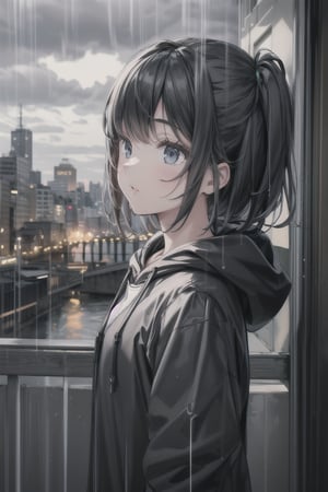 1girl, black_hair, black hoodie, typhoon, cloudy, heavy rain, cityscape, masterpiece, beautiful details, perfect focus, 8K wallpaper, high resolution, exquisite texture in every detail