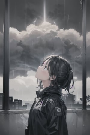 1girl, black_hair, typhoon, cloudy, heavy rain, cityscape, masterpiece, beautiful details, perfect focus, 8K wallpaper, high resolution, exquisite texture in every detail