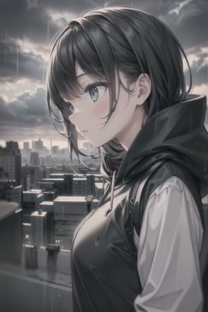 1girl, black_hair, black hoodie, typhoon, cloudy, heavy rain, cityscape, masterpiece, beautiful details, perfect focus, 8K wallpaper, high resolution, exquisite texture in every detail