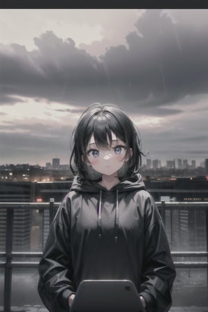 1girl, black_hair, black hoodie, typhoon, cloudy, heavy rain, cityscape, masterpiece, beautiful details, perfect focus, 8K wallpaper, high resolution, exquisite texture in every detail