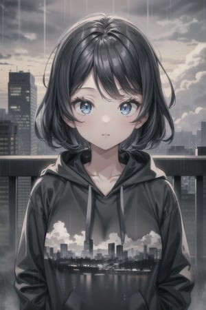 1girl, black_hair, black hoodie, typhoon, cloudy, heavy rain, cityscape, masterpiece, beautiful details, perfect focus, 8K wallpaper, high resolution, exquisite texture in every detail