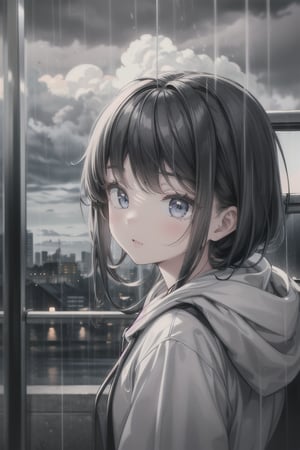 1girl, black_hair, black hoodie, typhoon, cloudy, heavy rain, cityscape, masterpiece, beautiful details, perfect focus, 8K wallpaper, high resolution, exquisite texture in every detail