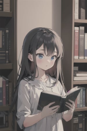 1girl, reading, bookshelf in background, masterpiece, beautiful details, perfect focus, 8K wallpaper, high resolution, exquisite texture in every detail