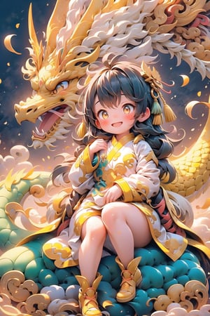 (masterpiece), 1girl, red chinese dress, golden dragon, blush, open mouth, smile