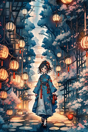 1girl, smile, big lantern in hand, Chinese dress, walking toward viewers, Chinese-style background, red lanterns, by Hayao Miyazaki, studio Ghibli, scenery, Illustration, Character Design, Watercolor, Ink, thematic background, japan, ambient enviroment, epic, candystyle
