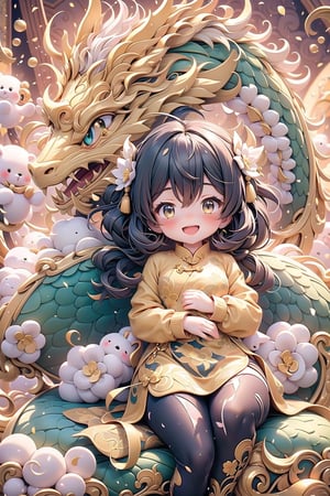 (masterpiece), 1girl, red chinese dress, golden dragon, blush, open mouth, smile