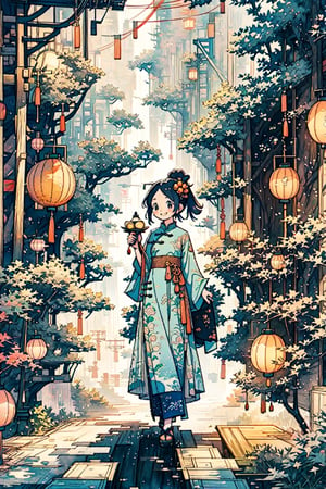 1girl, smile, big latern in hand, Chinese dress, walking toward viewers, Chinese-style background, red laterns, by Hayao Miyazaki, studio Ghibli, scenery, Illustration, Character Design, Watercolor, Ink, thematic background, China, ambient enviroment, epic, candystyle