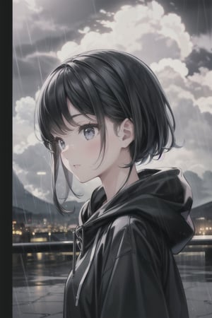 1girl, black_hair, black hoodie, typhoon, cloudy, heavy rain, cityscape, masterpiece, beautiful details, perfect focus, 8K wallpaper, high resolution, exquisite texture in every detail