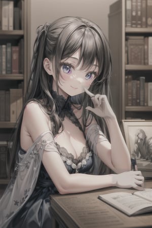 1girl, smile, bookshelf in background, masterpiece, beautiful details, perfect focus, 8K wallpaper, high resolution, exquisite texture in every detail