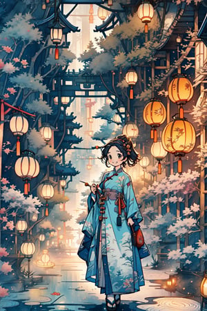 1girl, smile, big lantern in hand, Chinese dress, walking toward viewers, Chinese-style background, red lanterns, by Hayao Miyazaki, studio Ghibli, scenery, Illustration, Character Design, Watercolor, Ink, thematic background, japan, ambient enviroment, epic, candystyle