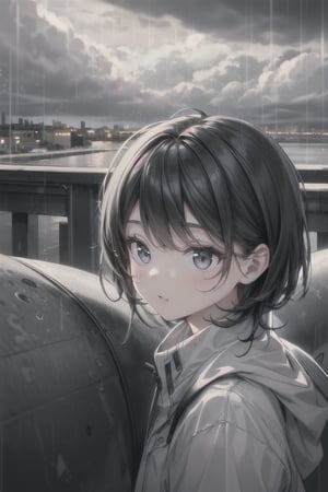 1girl, black_hair, typhoon, cloudy, heavy rain, cityscape, masterpiece, beautiful details, perfect focus, 8K wallpaper, high resolution, exquisite texture in every detail