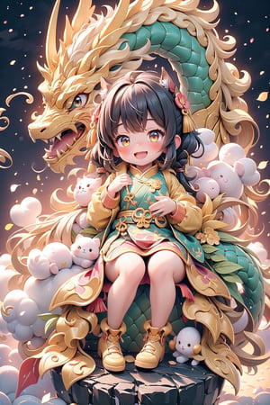 (masterpiece), 1girl, red chinese dress, golden dragon, blush, open mouth, smile