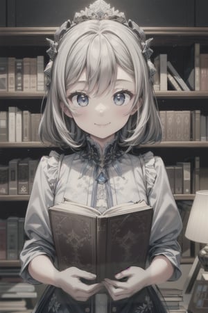 1girl, smile, bookshelf in background, masterpiece, beautiful details, perfect focus, 8K wallpaper, high resolution, exquisite texture in every detail