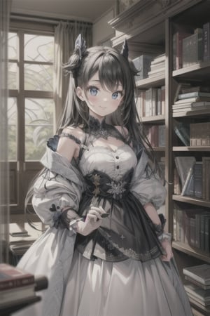 1girl, smile, bookshelf in background, masterpiece, beautiful details, perfect focus, 8K wallpaper, high resolution, exquisite texture in every detail
