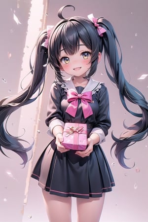 1girl, black low twintail, giving a gift, blush, smile, blouse, light rays, glow, (masterpiece), wallpaper