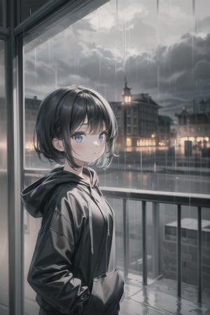 1girl, black_hair, black hoodie, typhoon, cloudy, heavy rain, cityscape, masterpiece, beautiful details, perfect focus, 8K wallpaper, high resolution, exquisite texture in every detail