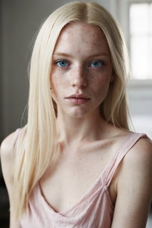 best quality, pale_skin, medium_length_hair, blond_hair, blue_eyes, freckles, petite, pink_dress