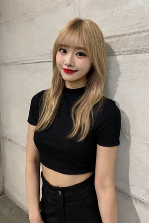 best quality, korean, dyed_blonde_hair, 1girl, medium_breasts, black_blouse, black_pants, brown_eyes, leaning_against_wall, gentle_smile, pink_lipstick, bangs