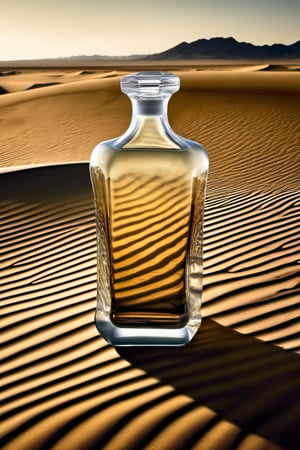 (photorealistic), masterpiece:1.5, beautiful lighting, best quality, beautiful lighting, realistic, real image, Photograph, masterwork, supreme resolution, 32K, ultra-definition,

Generate a visually striking digital image of a stylish glass bottle positioned in a desert landscape. The bottle should exude elegance and uniqueness in its design, and its transparent walls should be filled with meticulously crafted sand. Capture the interplay of light and shadows on both the bottle and the surrounding desert environment, emphasizing the contrast between the sleek, modern container and the vast, natural expanse of the desert. Consider incorporating elements that evoke a sense of mystery, sophistication, and harmony between the man-made and the natural, creating an aesthetically pleasing and thought-provoking composition,wide angle exterior background