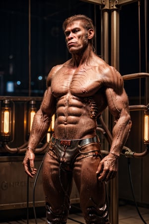 (((Perfect Face)))((cowboy shot)), (((masterpiece))), (((best quality))), ((ultra-detailed)), (highly detailed CG illustration), ((an extremely musculine and handsome)), cinematic light,(((1mechanical Ape))),solo,((upper torso masculine flesh hanging by wires)),((Hanging by wires and tubes)), (machine made joints:1.2),((mechanical limbs)),(blood vessels connected to tubes),(mechanical vertebra attaching to back),((mechanical cervial attaching to neck)), ((realistic hair)), (standing), (wires and cables attaching to neck:1.2),(wires and cables on head:1.2),(character focus),science fiction, extreme detailed, colorful, highest detailed, trousers, Greek Male, Sexy Muscular,Extremely Realistic,photo r3al,Masterpiece,photorealistic,,Portrait,penerec
