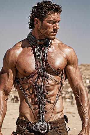 (((Perfect Face)))((cowboy shot)), (((masterpiece))), (((best quality))), ((ultra-detailed)), (highly detailed CG illustration), ((an extremely musculine and handsome)), cinematic light,(((1mechanical Ape))),solo,((upper torso masculine flesh hanging by wires)),((Hanging by wires and tubes)), (machine made joints:1.2),((mechanical limbs)),(blood vessels connected to tubes),(mechanical vertebra attaching to back),((mechanical cervial attaching to neck)), ((realistic hair)), (standing), (wires and cables attaching to neck:1.2),(wires and cables on head:1.2),(character focus),science fiction, extreme detailed, colorful, highest detailed, trousers, Greek Male, Sexy Muscular,Game of Thrones,male,Movie Still, ,Extremely Realistic,photo r3al,Masterpiece,photorealistic
