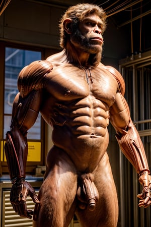 (((Perfect Face)))((cowboy shot)), (((masterpiece))), (((best quality))), ((ultra-detailed)), (highly detailed CG illustration), ((an extremely musculine and handsome)), cinematic light,(((1mechanical Ape))),solo,((upper torso masculine flesh hanging by wires)),((Hanging by wires and tubes)), (machine made joints:1.2),((mechanical limbs)),(blood vessels connected to tubes),(mechanical vertebra attaching to back),((mechanical cervial attaching to neck)), ((realistic hair)), (standing), (wires and cables attaching to neck:1.2),(wires and cables on head:1.2),(character focus),science fiction, extreme detailed, colorful, highest detailed, trousers, Greek Male, Sexy Muscular,Extremely Realistic,photo r3al,Masterpiece,photorealistic,,Portrait,penerec,hairy,penflac,erect penis,Germany Male