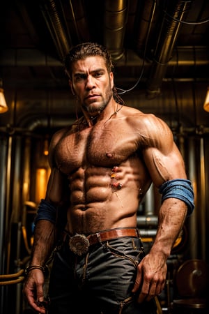 (((Perfect Face)))((cowboy shot)), (((masterpiece))), (((best quality))), ((ultra-detailed)), (highly detailed CG illustration), ((an extremely musculine and handsome)), cinematic light,(((1mechanical Ape))),solo,((upper torso masculine flesh hanging by wires)),((Hanging by wires and tubes)), (machine made joints:1.2),((mechanical limbs)),(blood vessels connected to tubes),(mechanical vertebra attaching to back),((mechanical cervial attaching to neck)), ((realistic hair)), (standing), (wires and cables attaching to neck:1.2),(wires and cables on head:1.2),(character focus),science fiction, extreme detailed, colorful, highest detailed, trousers, Greek Male, Sexy Muscular,Extremely Realistic,photo r3al,Masterpiece,photorealistic,Movie Still,Portrait,penerec