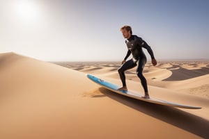 create a high quality image of a man in sand Dunes, in the aesteatic of the Movie Dune. He is surfing the sand with a sandbord. I'ts almost sunset and there are big shadows in the desert. Everything is painted on the wamr colors of sunset. he has a high detailed face.
use a wide angle lens, making the hero feel small in the vast emptyness of the desert. Ultra high resolution
,Portrait,Sexy Muscular,Extremely Realistic,photo r3al