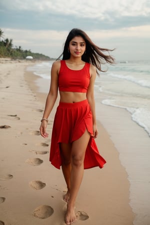 Cute indian girl 18 year, walking on the beach, Wear red top and skirt 