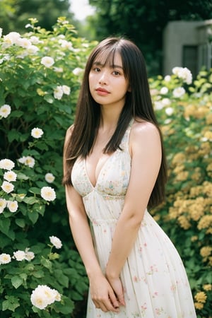 Portrait, Woman, look at viewer, bangs long hair , flower Halter Dress, cleavage, garden landscape design, (rim light), 35mm film, Kodak film