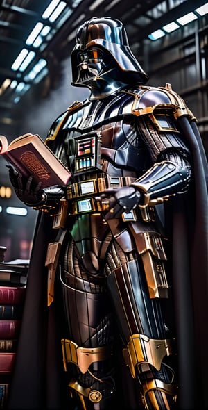 A Hi-Tech cyberpunk style black Darth Vader suit, Custom design, shining body, glowing look, full shining suit, body, hues.,steampunk style,cyberpunk style,mecha, perfect custom Hi-Tech suit, (holding a book:1.3), terrific, dark style,