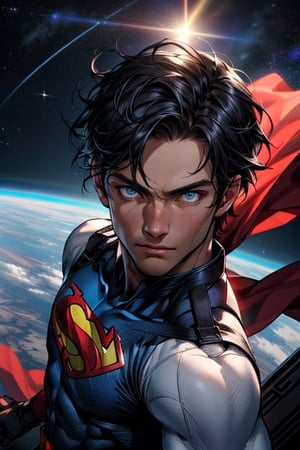  image of superman flying though space with the sun in the background.((masterpiece)),8k uhd,professional photo,(ultra detailed face,detailed eyes,detailed hair),black hair,anatomy,(crystal blue eyes),((cowboy shot))