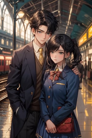 boy and a girl, 2_ characters, school romance, south asian, standing next to each other yet looking away from each other, pov_wish you were mine , both in school uniforms, royal blue and gold, looking_at_viewer, railway station