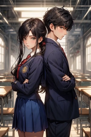 boy and a girl, 2_ characters, school romance, south asian, standing next to each other yet looking away from each other, pov_wish you were mine , both in school uniforms, royal blue and gold, looking_at_viewer