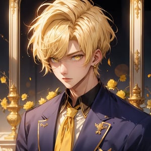 boy  ,blonde  short hair,peircings,yellow eyes ,hot , in school uniform, royal blue and gold, male,boy,19 age

