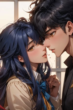 boy and a girl, 2_ characters, school romance, traingle love, south asian, kissing,obsessively, hot, pov_i love you , both in  two different school uniforms, royal blue and gold