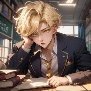 boy , school romance, traingle love,blonde hair,peircings,dark yellow eyes,narrowed ,hot, pov_i love you , inschool uniform, royal blue and gold, male,boy,19 age

