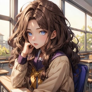 girl ,brown wavy hair,purple blue eyes ,hot , in school uniform royal blue and gold, female,19 age, scool classroom, annoying